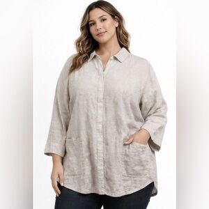 Toni T. 3X Plus 100% Linen Button Front Cream Blouse Lagenlook